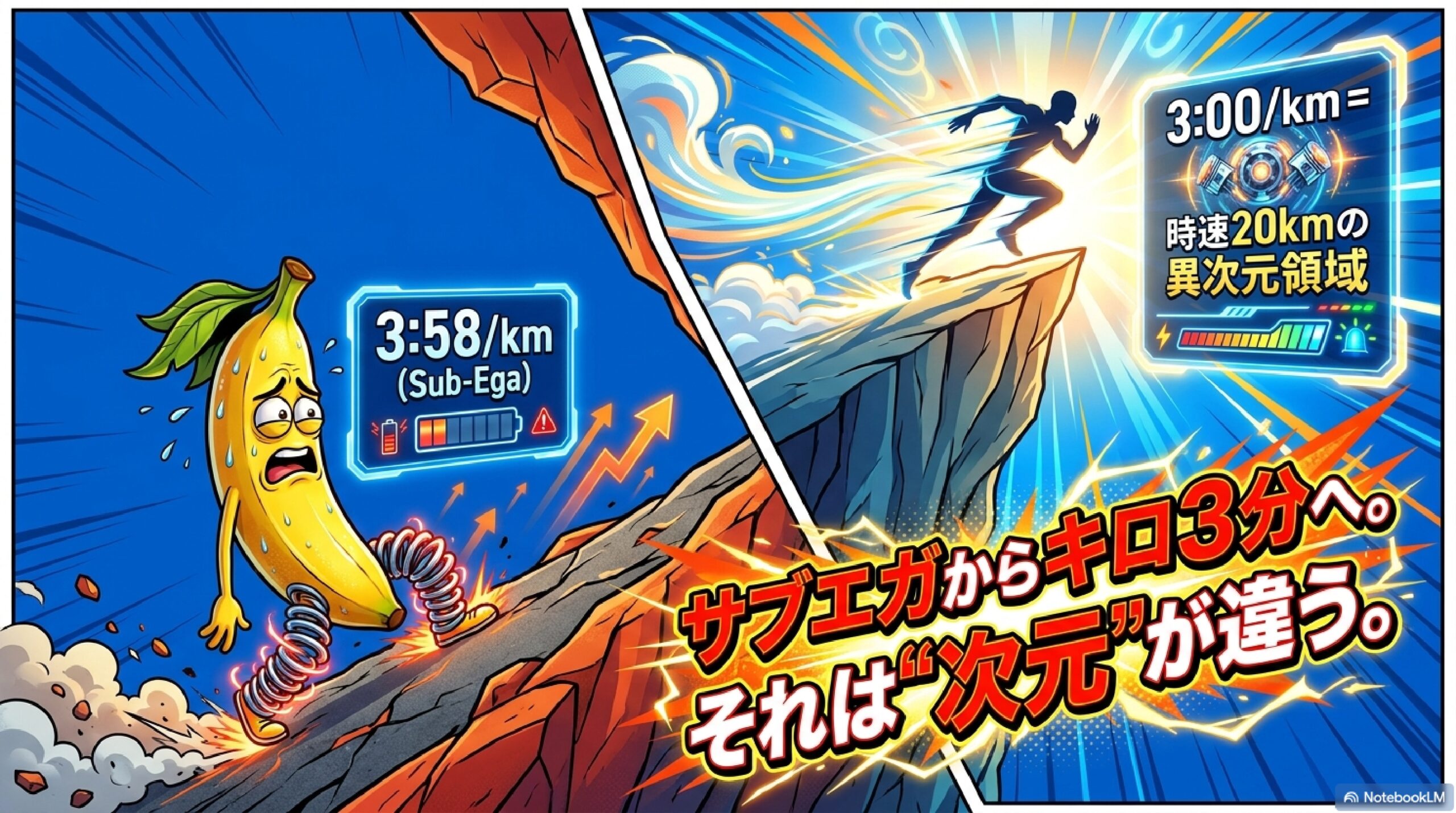 サブエガ3分58秒ペースとキロ3分ペースの次元の違い比較図 マラソン スピード差