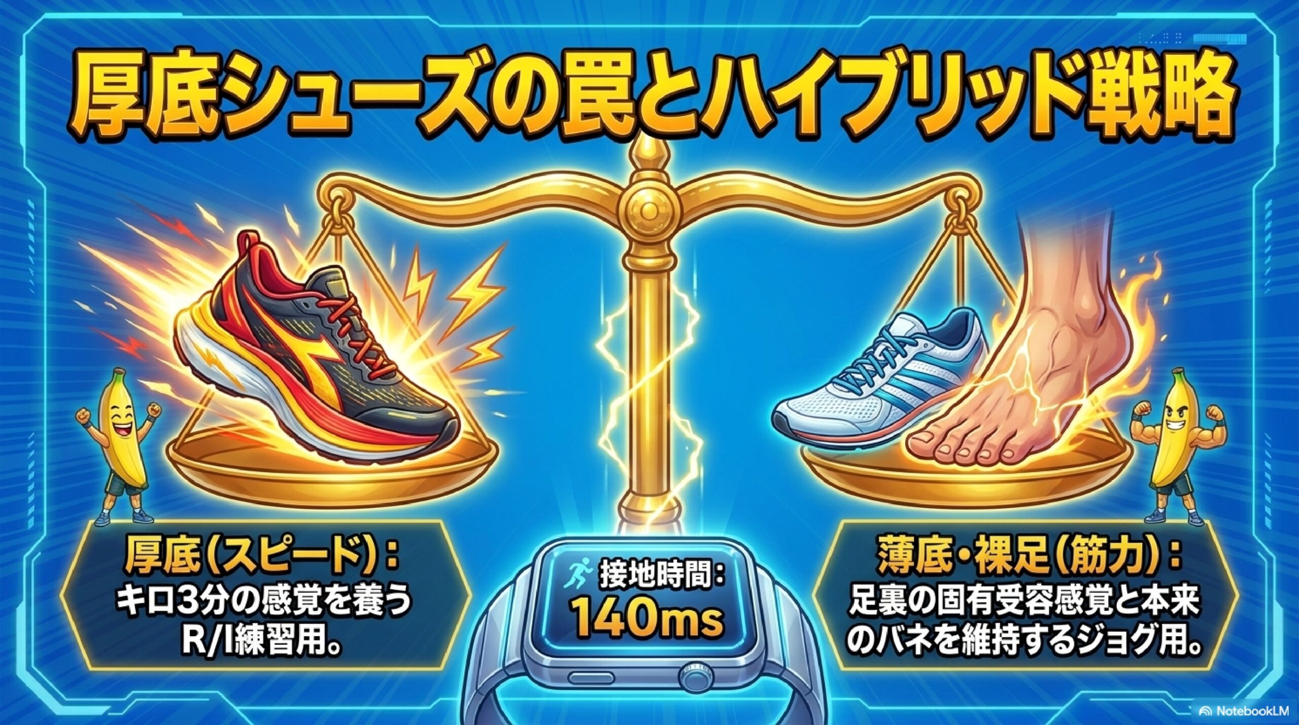厚底シューズの罠とハイブリッド戦略 厚底スピード練習用 薄底裸足ジョグ用 接地時間140ms マラソン