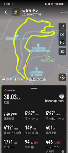 COROSアプリに表示された岩名運動公園クロカンコースの周回マップと走行サマリー - 佐倉市30km走