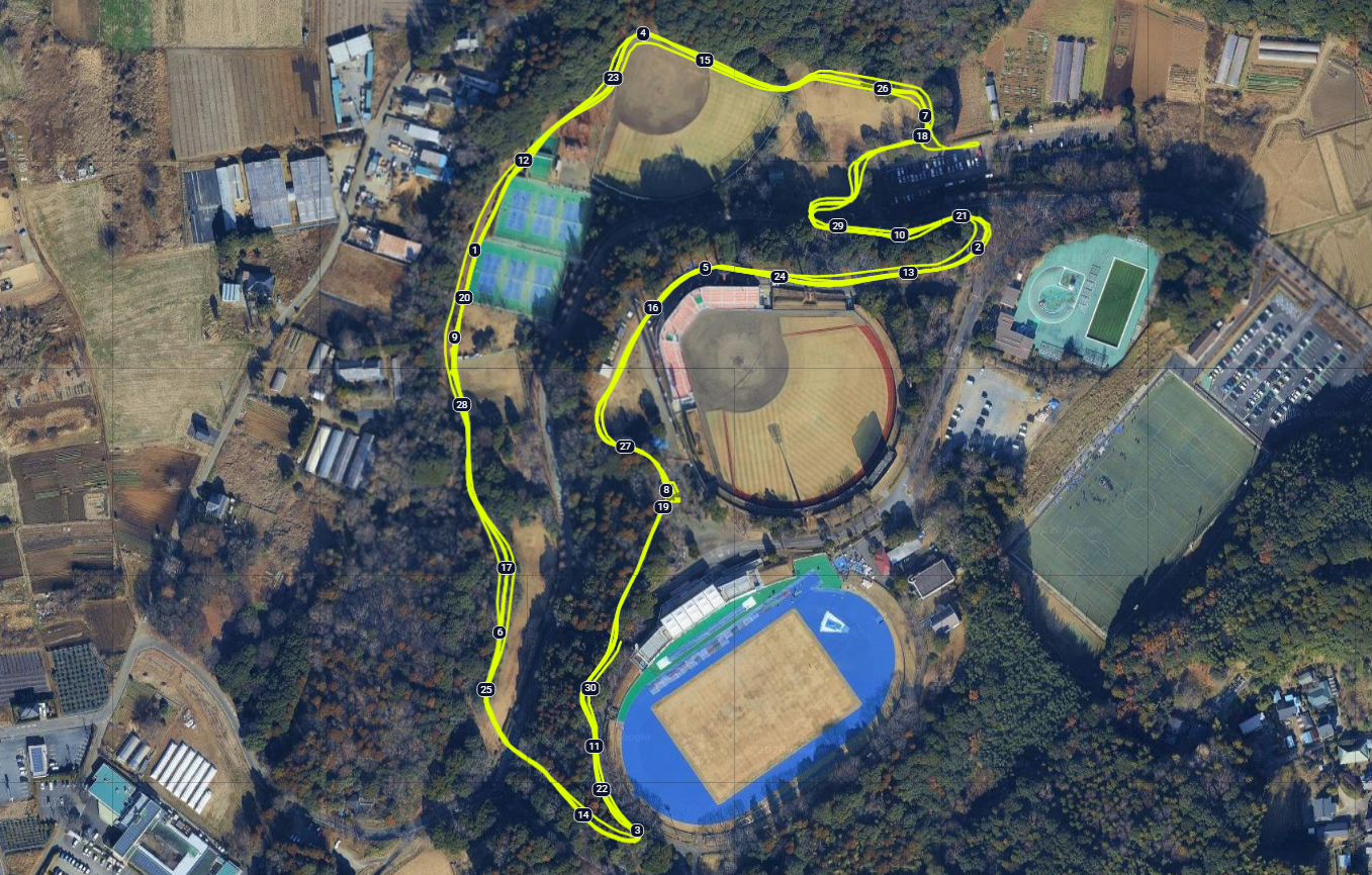 岩名運動公園クロスカントリーコースを30km走したGPS軌跡の航空写真 - 佐倉市クロカン30km走