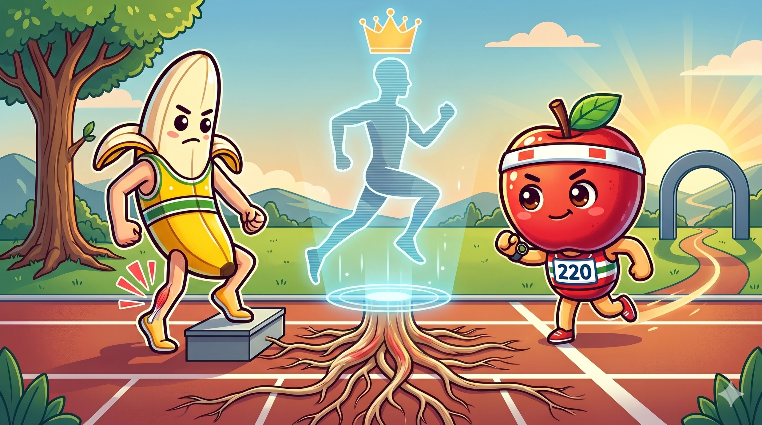 バナナぴろしがカーフレイズで腱を鍛えるイラスト - アキレス腱・ふくらはぎの完治判断基準とリハビリ走