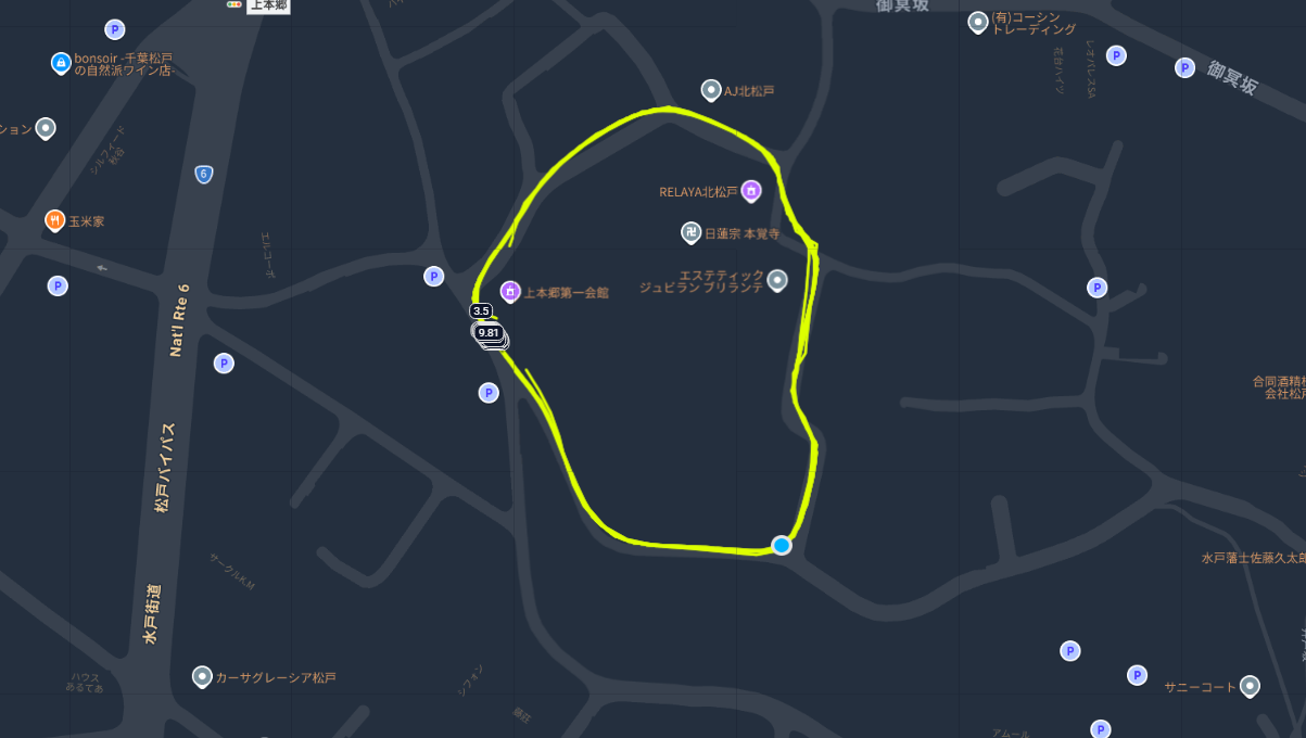 松戸・本覚寺まわりの坂道周回コースのGPSマップ - 上り下りを繰り返す1周ループを10km周回