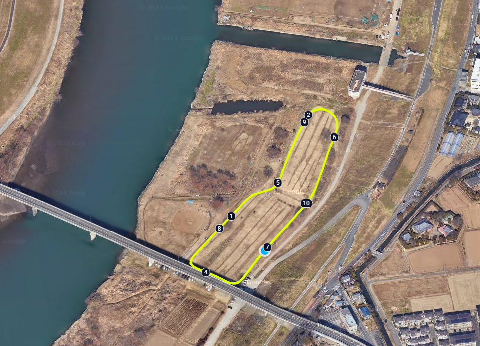 江戸川河川敷の走行ルートをGarminで記録した上空コース図 - 野辺山100km後の芝生回復ラン