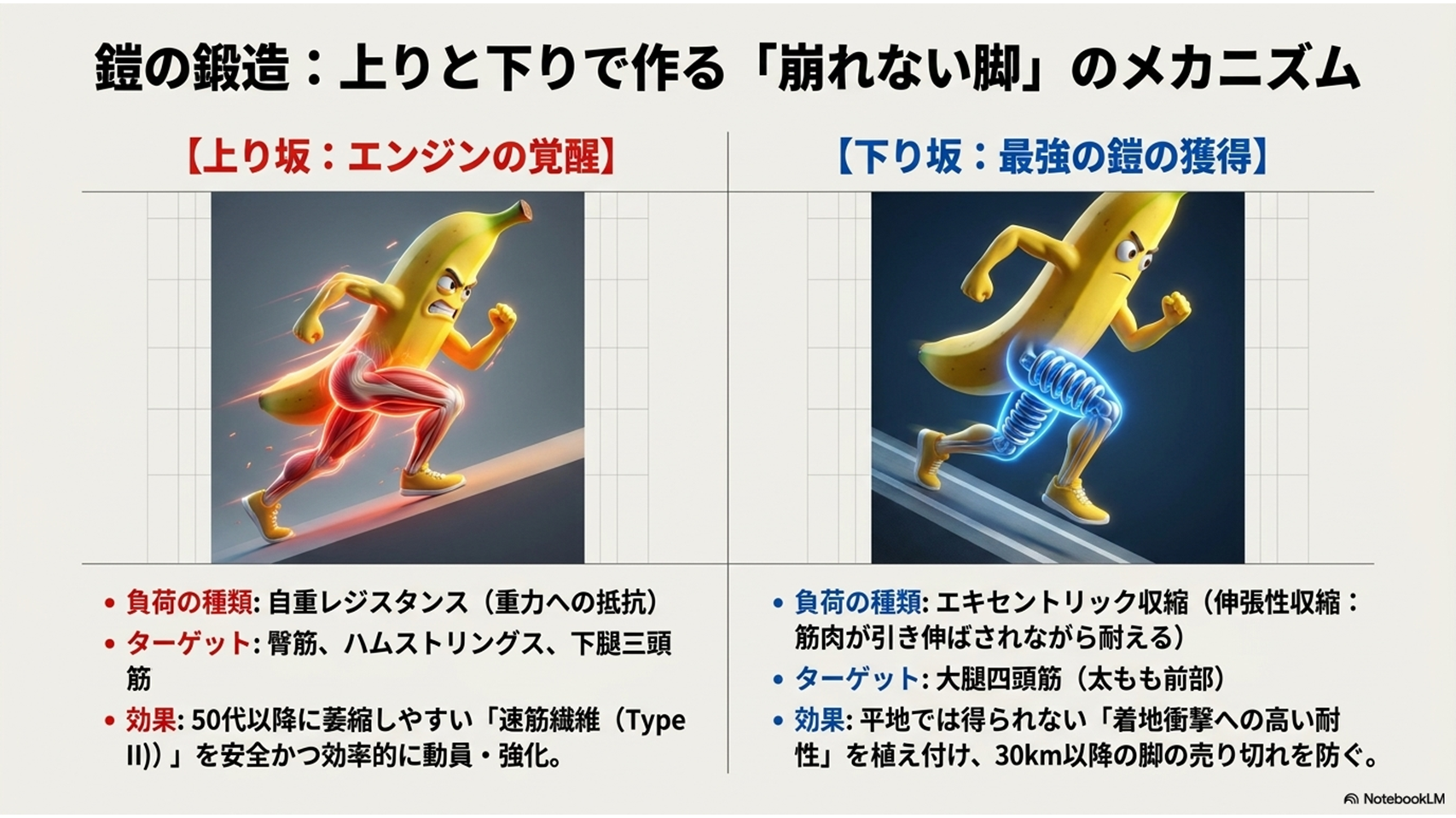 上り坂エンジン覚醒と下り坂エキセントリック収縮の役割解説 - 30km以降の崩れない脚を作る坂道ジョグメカニズム