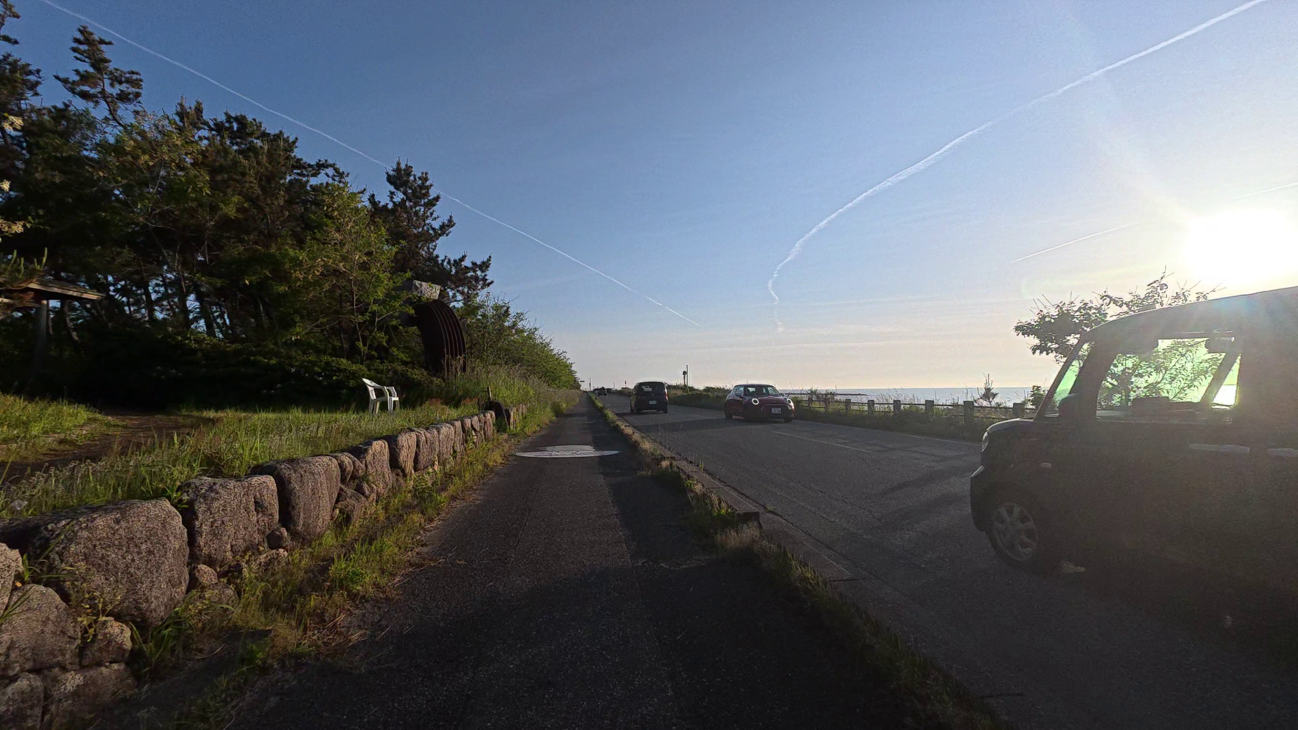 新潟海沿いの道路と松林・夕方の逆光 - 旅ラン14kmコース海沿いセクション