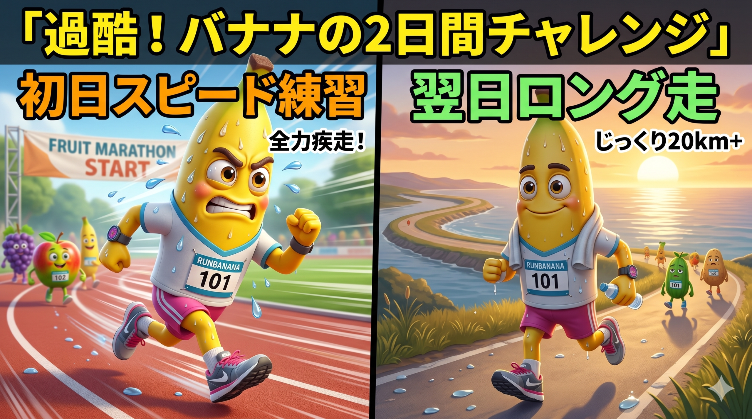 バナナぴろしの2日間チャレンジ｜初日スピード練習・翌日27kmロング走のセット練習イラスト