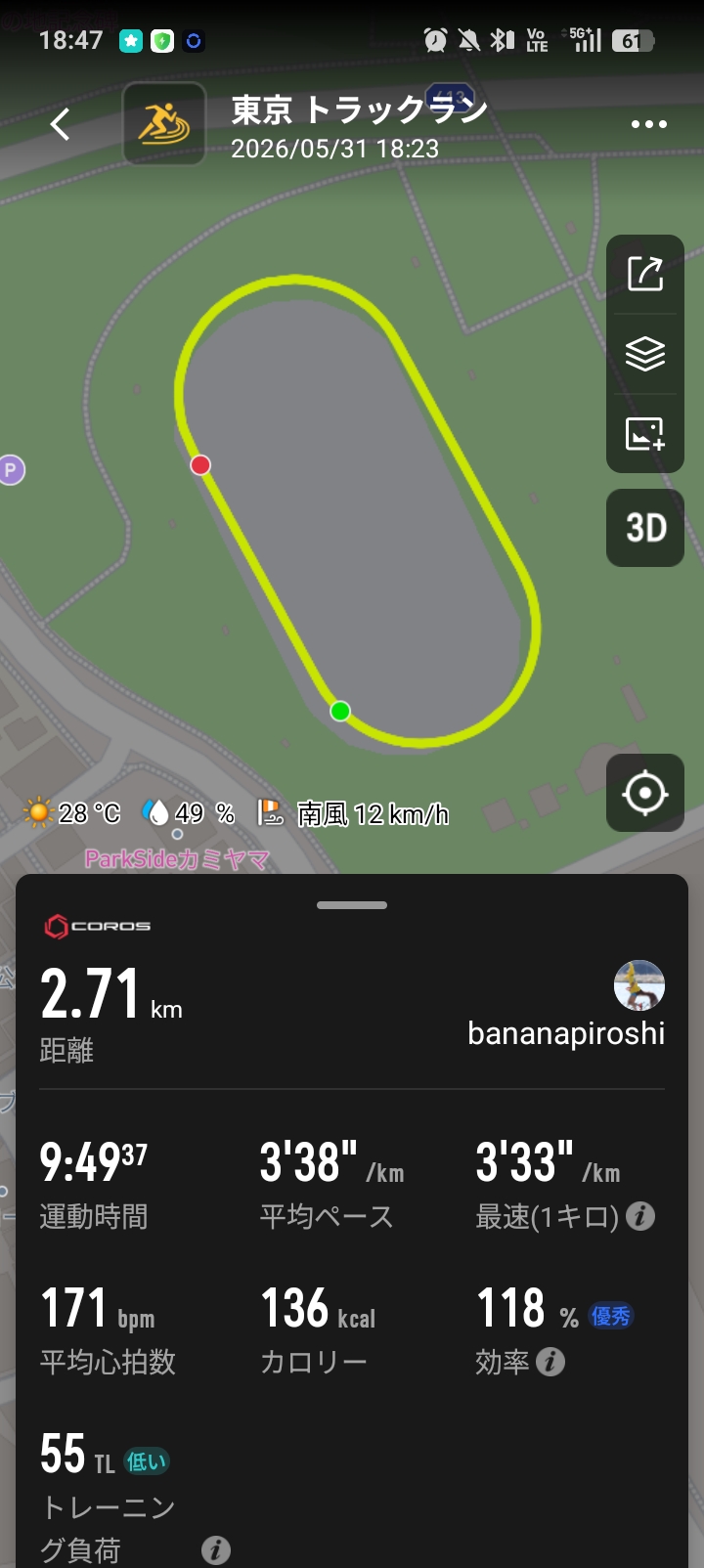 COROSアプリの5000mトラックランDNFサマリー画面 距離2.71km平均ペース3分38秒平均心拍171bpm気温28℃