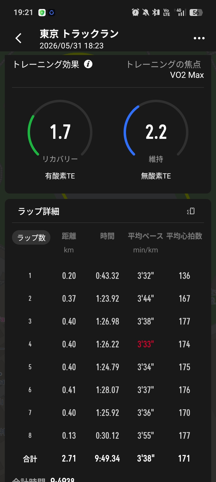 COROSラップ詳細画面 5000mトラックランの心拍175〜181bpmレッドゾーンとトレーニング効果VO2Max無酸素TE2.2