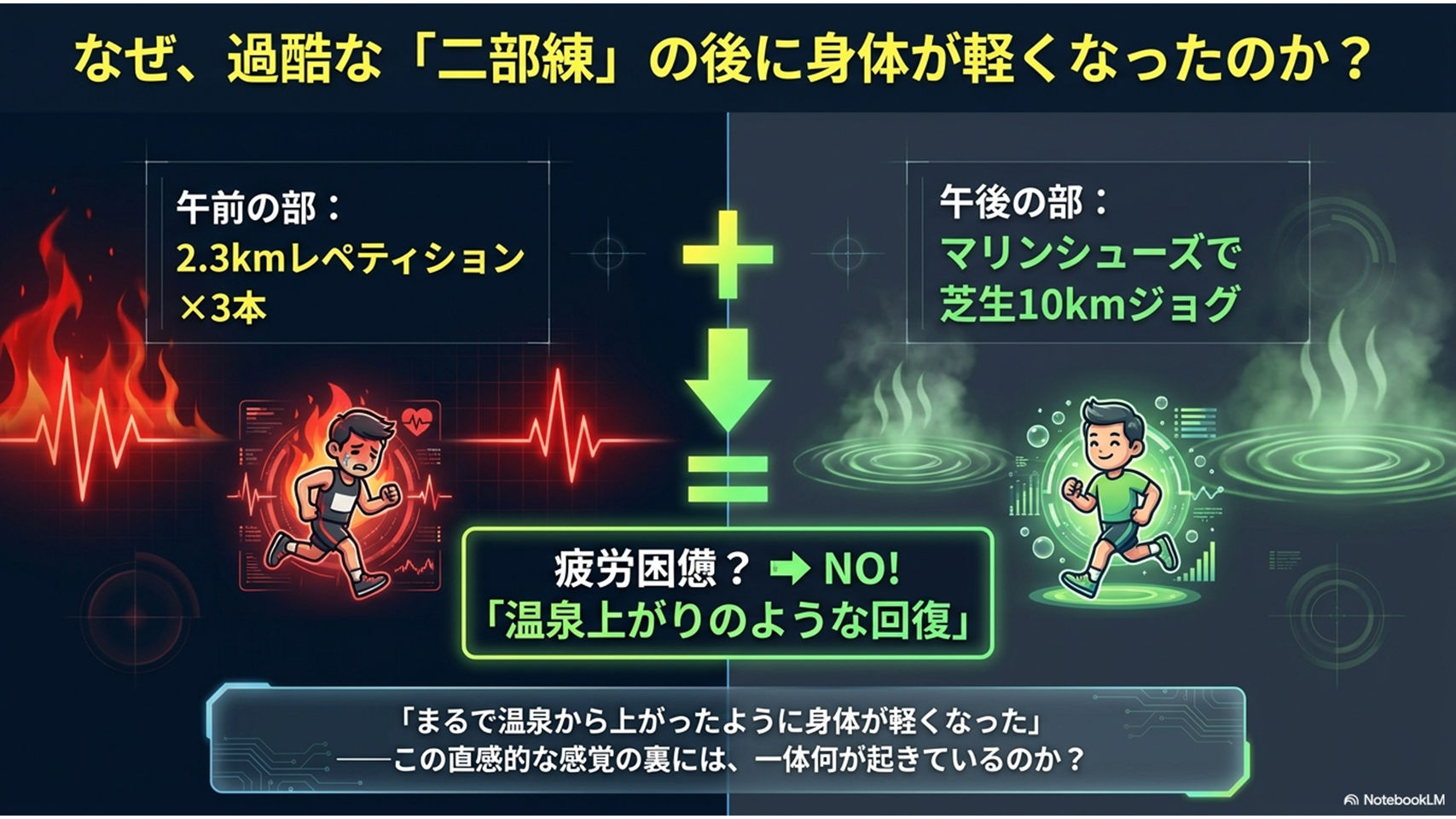 午前2.3kmレペティション3本と午後マリンシューズ芝生10kmジョグの二部練後に身体が軽くなる仕組みを示した図 - アクティブリカバリーの効果
