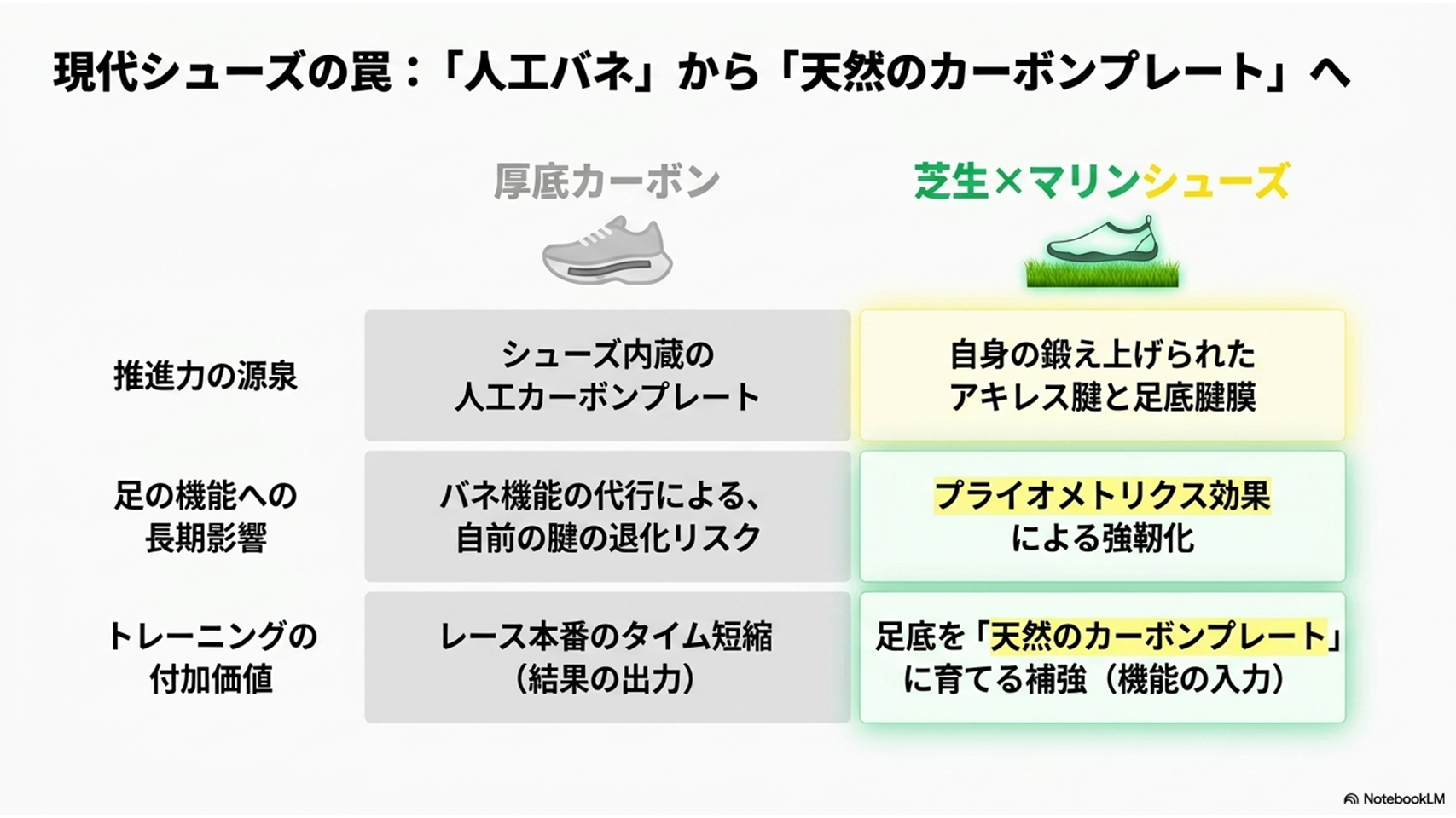 厚底カーボンシューズと芝生マリンシューズの推進力源の違いを比較した図 - 自前のアキレス腱を鍛えるトレーニング解説