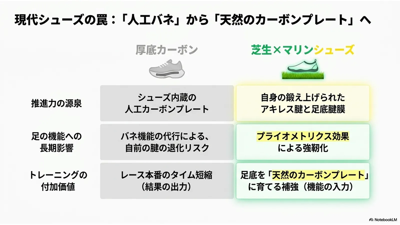厚底カーボンシューズと芝生マリンシューズの推進力源の違いを比較した図 - 自前のアキレス腱を鍛えるトレーニング解説