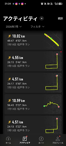 COROSアクティビティ履歴の7月13-18日週間トレーニング - 4.5km回復ジョグと10km走を交互に配置したリハビリピリオダイゼーション