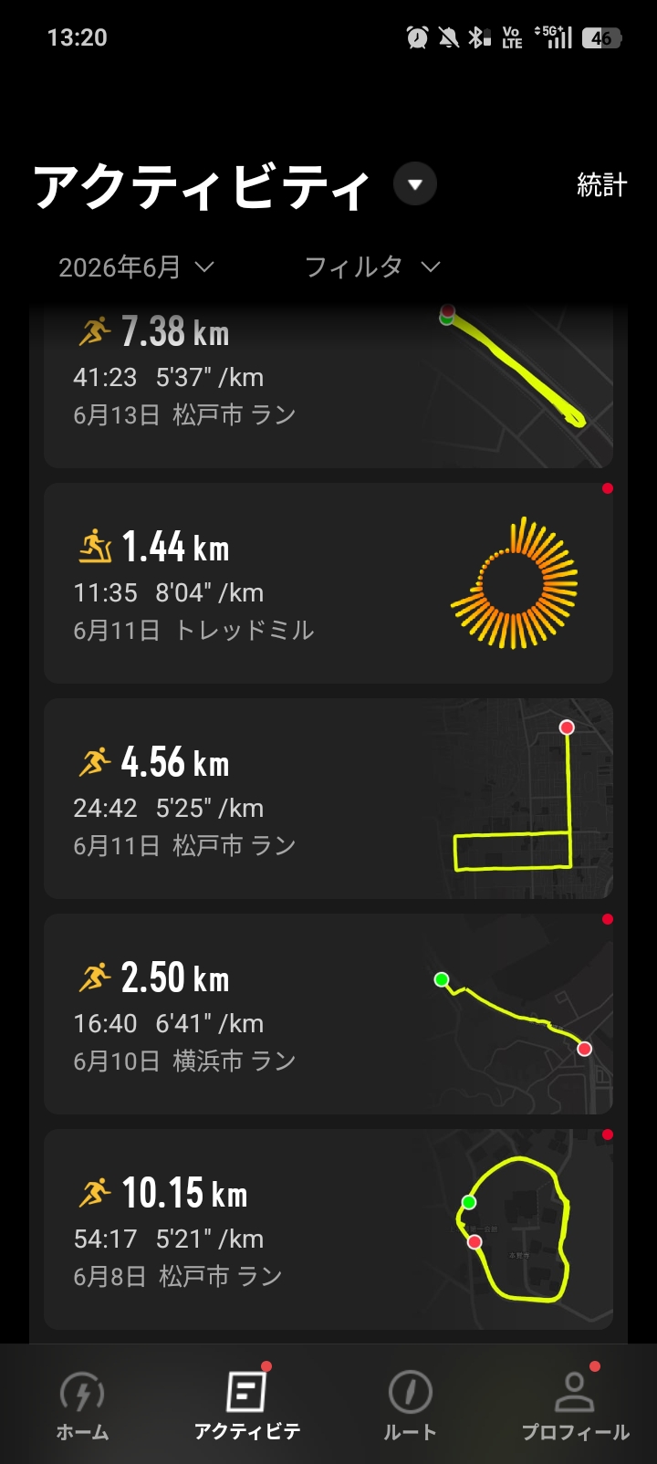 COROSアプリ2026年6月アクティビティ一覧・6月13日7.38km・6月11日トレッドミル1.44km・6月10日横浜2.50km・6月8日松戸10.15km - アキレス腱の張り発覚前の記録