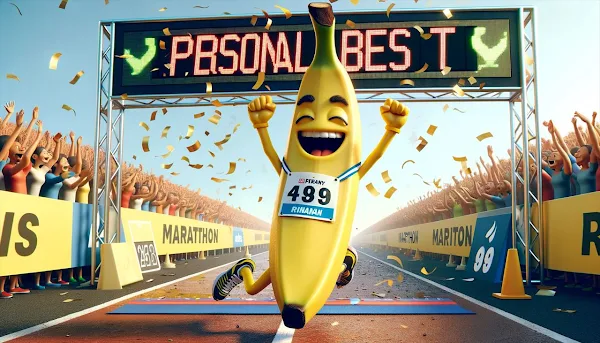 ゴールでPERSONAL BESTを背に喜ぶバナナのキャラクター。自己ベスト更新のイメージ - 第31章