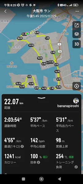 真夏35℃の中で実施した22kmロング走のGPS記録（大阪市）