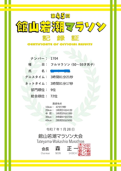 館山若潮マラソン2025の公式記録証—3時間1分17秒