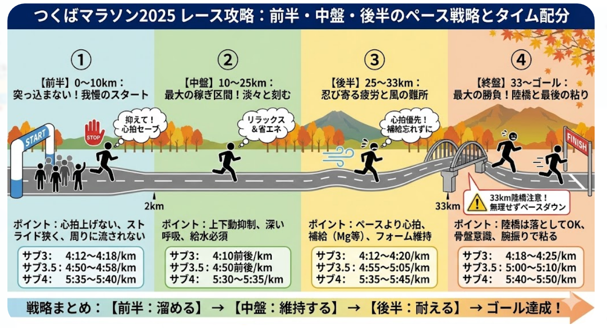 つくばマラソン2025の前半・中盤・後半のペース戦略とサブ3・サブ3.5・サブ4のタイム配分