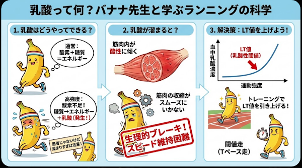 乳酸が発生する仕組みとLT値向上の考え方をバナナのキャラクターで解説したランニング科学の図解イラスト