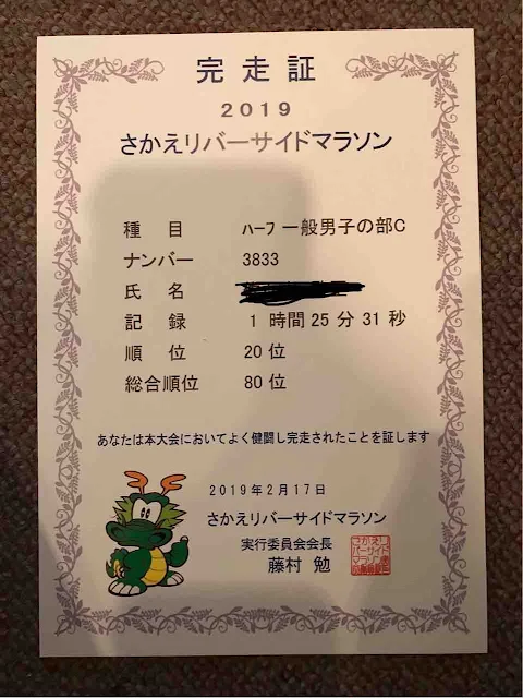 2019さかえリバーサイドマラソンの完走証。ハーフ一般男子で1時間25分31秒のPB更新 - 第31章