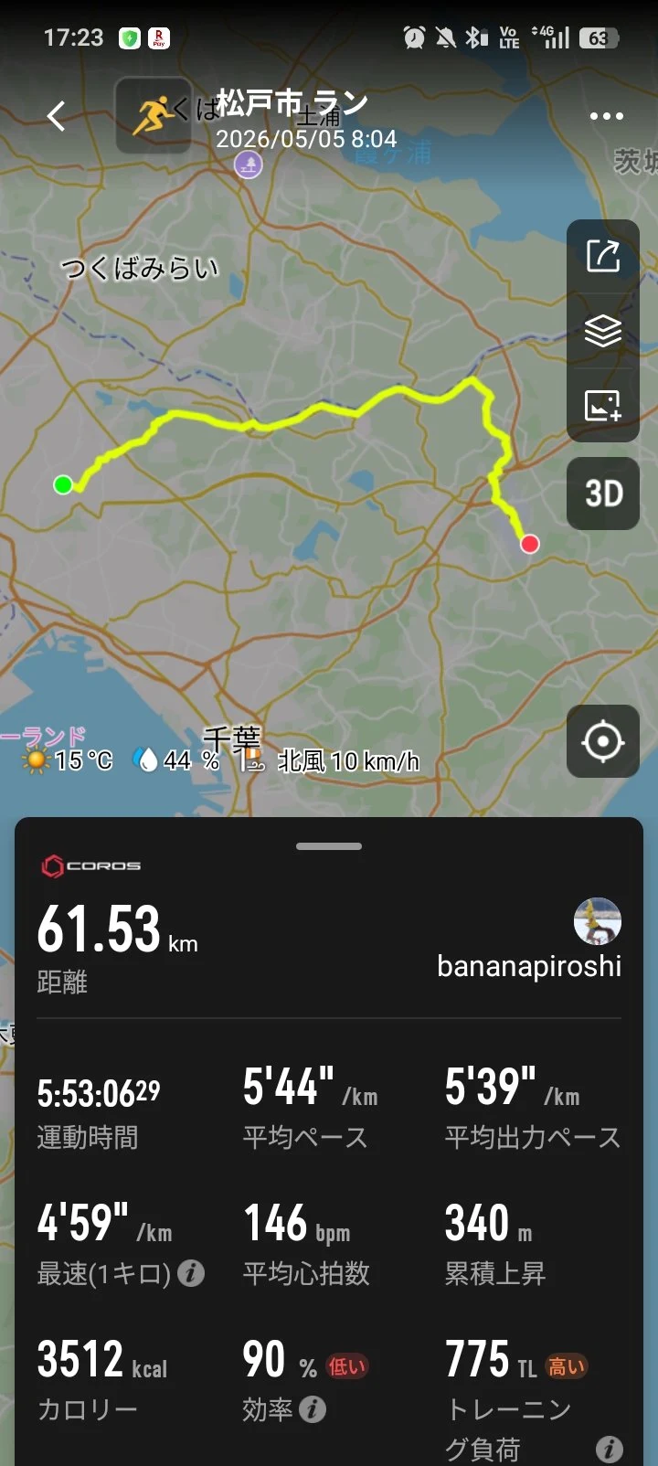COROSウォッチの松戸成田61km走データ — 距離・ペース・心拍・コース全体図