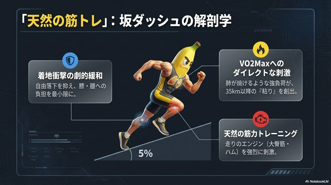 坂ダッシュのメリットを解説した図。着地衝撃の緩和、VO2Max（最大酸素摂取量）への刺激、大臀筋やハムストリングスの筋力強化など「天然の筋トレ」としての効果を説明