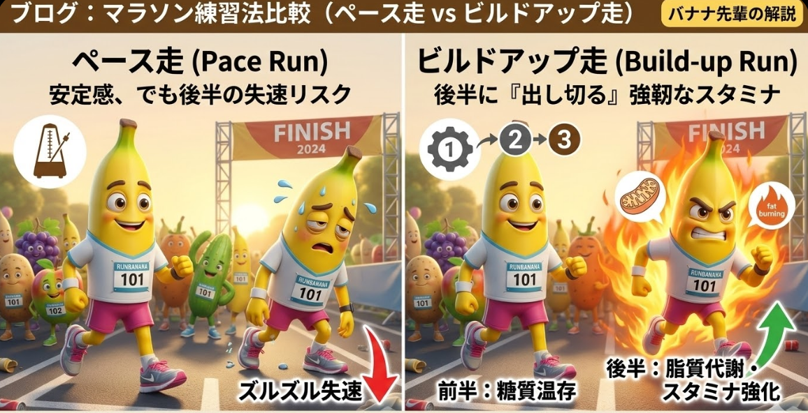 マラソン練習法の比較:一定ペースで走り後半失速するペース走と、後半にエネルギーを出し切りスタミナを強化するビルドアップ走の解説図