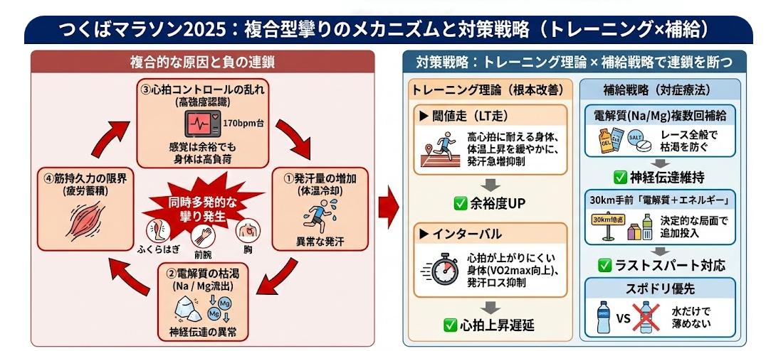 つくばマラソン2025で発生した複合型の攣りのメカニズムをまとめた図。発汗量増加、電解質枯渇、心拍コントロールの乱れ、筋持久力の限界が連鎖し、ふくらはぎ・前腕・胸に同時多発的に攣りが起こる流れを説明。右側には対策として閾値走やインターバルなどのトレーニング、Na・Mg補給、30km手前の追加補給、スポドリ優先などが示されている。