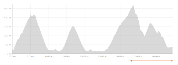 筑波山45kmコース終盤の下り坂グラフ。10kmかけてじっくりと標高を下げる