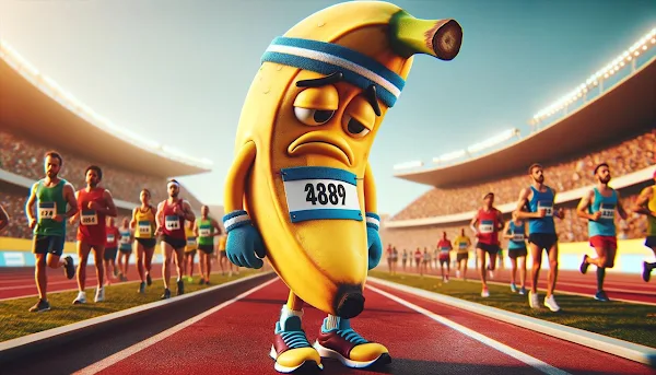 マラソン大会のトラック上で落ち込んだ表情のバナナのキャラクターが立ち尽くすイラスト - 第28章