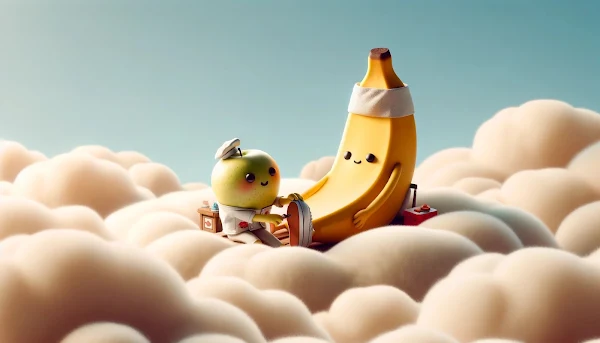 雲の上でマッサージされるバナナキャラクターの癒しイメージ