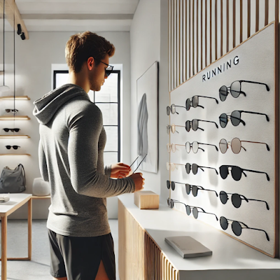 ランニングサングラス専門店で商品を選んでいる男性ランナー|壁一面にスポーツ用サングラスがディスプレイされたスタイリッシュな店内