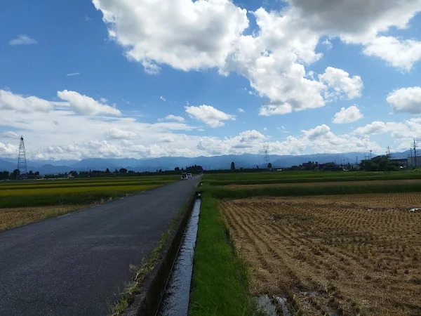 富山平野の田園と遠くに見える立山連峰、真夏の33度ランニングコース初盤