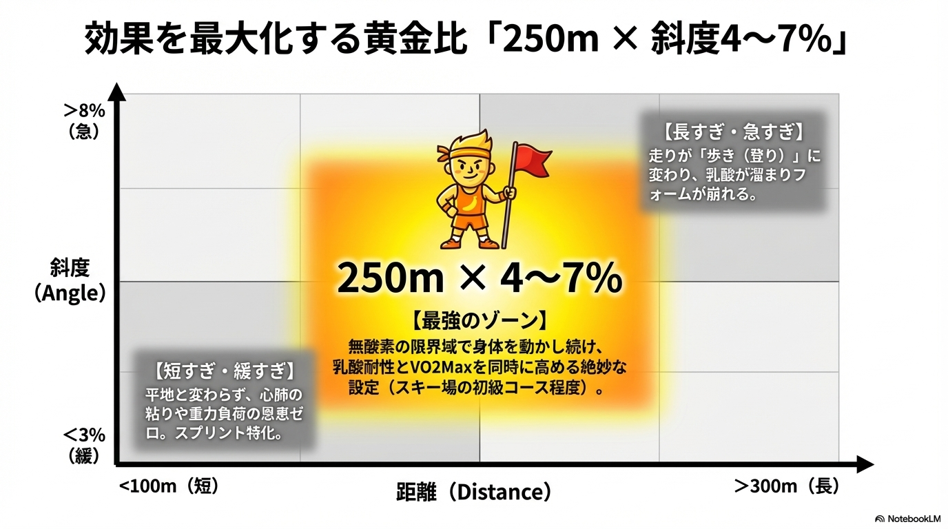 坂ダッシュ（ヒルリピート）の効果を最大化する黄金比（250m×斜度4〜7%）の解説図。乳酸耐性とVO2Maxを効率的に強化する最強のトレーニング設定