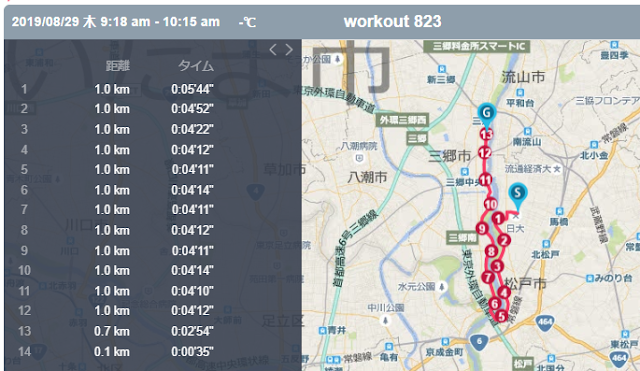 真夏の午前中に行ったランニング中、12km地点で脱水症状により中断した練習記録