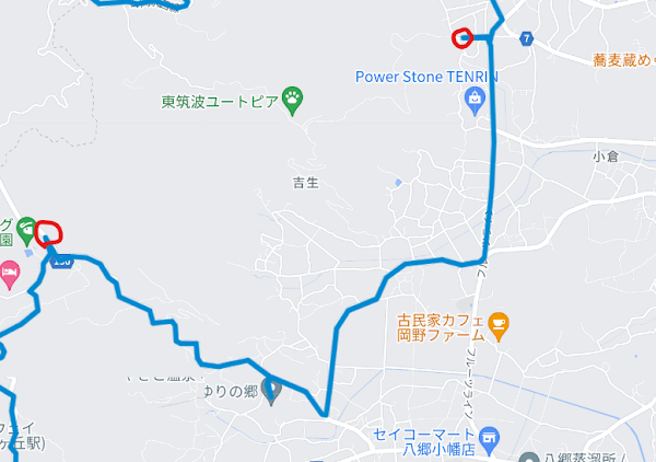 ゆりの郷から最高地点のロープウェイ乗り場へ至るルート。カーブが連続する難ルート