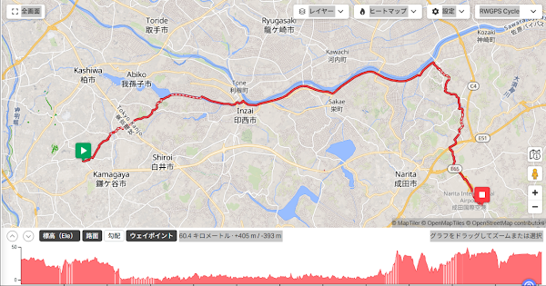Ride with GPSで作成した高低差400m超の60kmランニングコース設計図