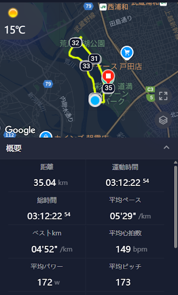 2025年4月、彩湖で実施したウルトラマラソン練習で35.04kmを走行。気温15℃、平均ペース5分29秒、心拍数149bpm。35km地点でのリタイアを記録したGPSトラッキングマップ。