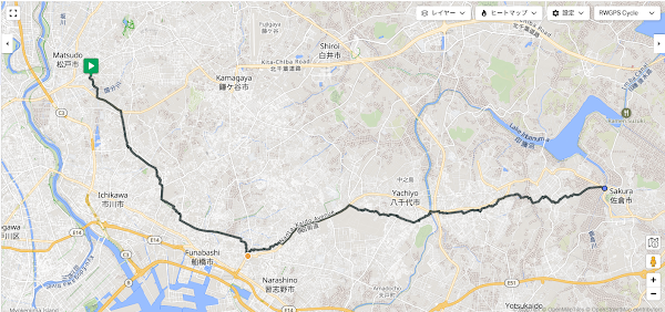 河川敷や遊歩道を徒歩モードに切り替えてRide with GPSで正確にルート作成している画面