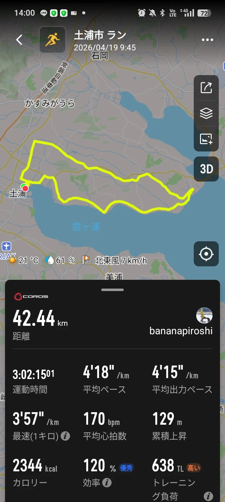 かすみがうらマラソン2026 CORОSウォッチ全体スタッツ — 42.44km・3:02:15・平均HR170bpm