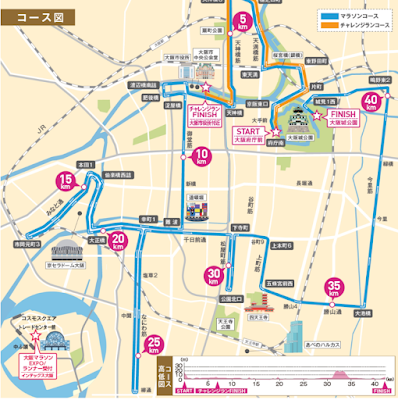 大阪マラソンコース図：都市を巡る高速コース。終盤のアップダウンに注意