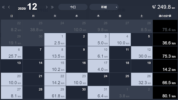 12月の月間走行距離249.8kmのトレーニングログ画面。月内に60km走を実施し、効率的にスタミナを強化している様子