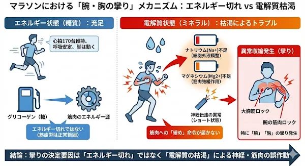 マラソン中の腕や胸の攣りが起こるメカニズム。エネルギー切れと電解質枯渇の違いを示した図解。ナトリウムやマグネシウム不足による神経信号の乱れ、筋肉の異常収縮が説明されている。