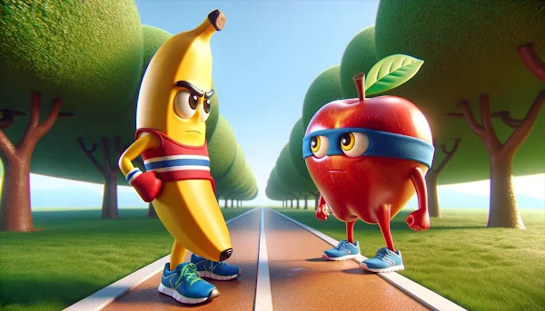 バナナのランナーがリンゴのランナーを真剣な表情でライバルとして見据えるイメージイラスト - 第33章