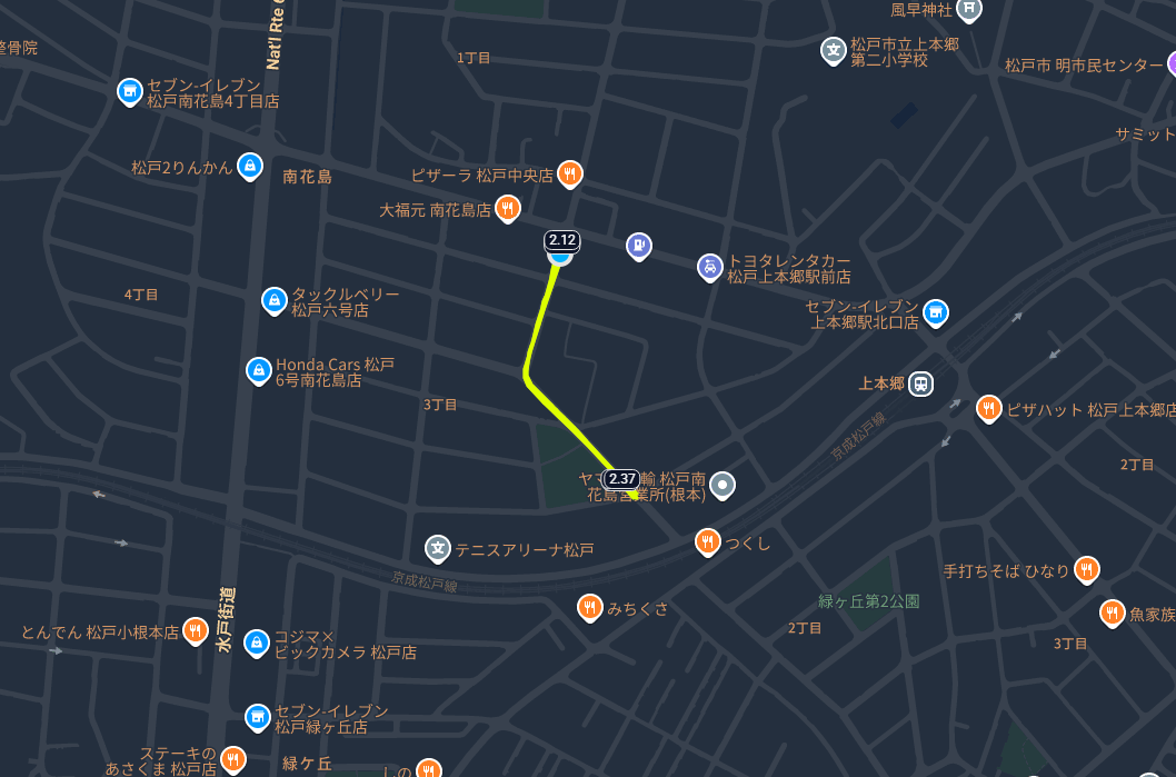千葉県松戸市の坂ダッシュ・トレーニングコースマップ。上本郷エリアで見つけた、適切な勾配と距離を兼ね備えたヒルリピートに最適な坂道の位置図