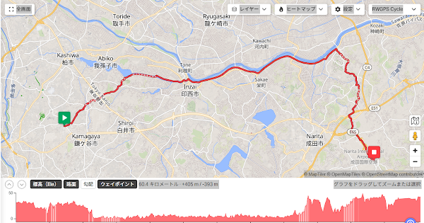 Ride with GPSで作成した60kmランニングコースと獲得標高データの詳細画面
