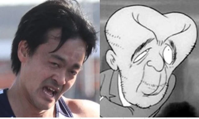 みさとシティハーフマラソンのゴール後の表情と、ぬらりひょんの妖怪イラストを並べた比較画像 - 第30章