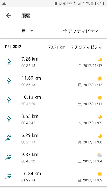 2017年11月のランニング練習履歴のスクリーンショット