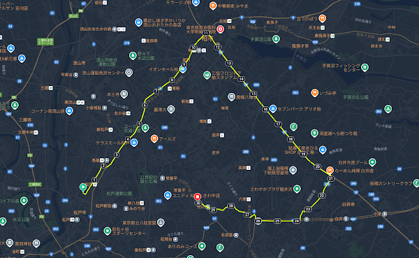 30kmロング走コースマップ|松戸〜柏〜鎌ヶ谷を三角形に周回する実践ルート