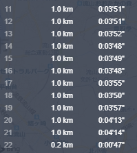 手賀沼ハーフマラソンのペース推移が分かるランニングデータ画面