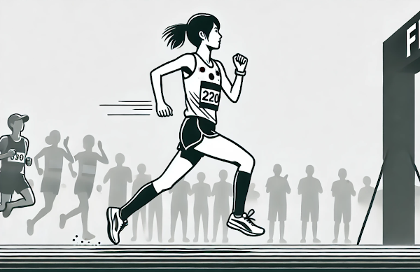 フルマラソンのゴール直前でラストスパートをかけるランナーのイメージ